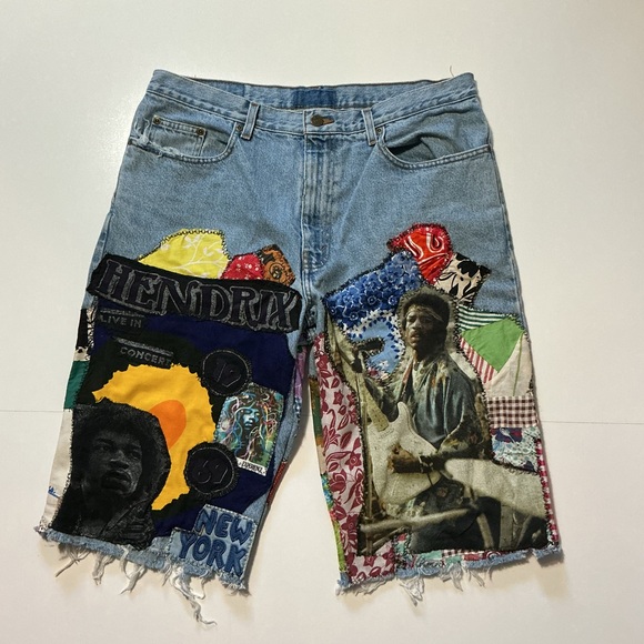 Other - VTG Jimi Hendrix Experience Patchwork 1 Of 1 Upcycle Rework Denim Jean Shorts